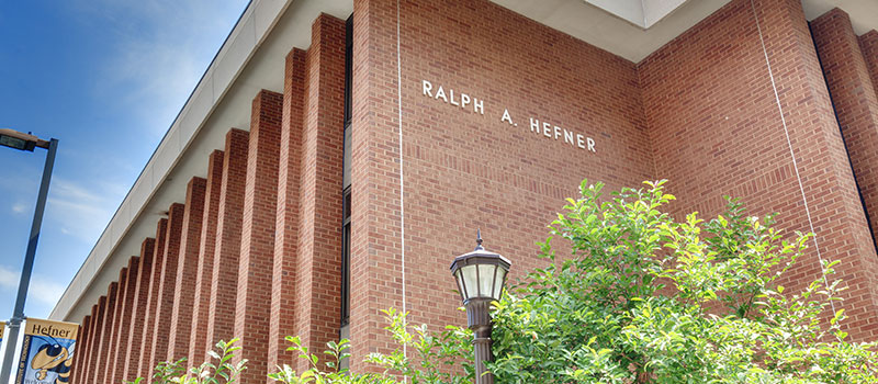 Ralph A. Hefner Hall top corner.