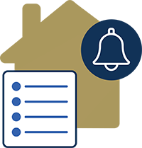 Icon of bulleted list on paper and a bell in front of a house.