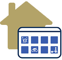 Icon of a house with a calendar in front. The calendar has icons of people dancing, a person biking, and another one cooking.