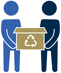 Icon of two people holding a box with a recycle logo.