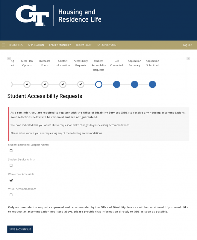 Screenshot of Student Accesibility Requests - Accomodations request