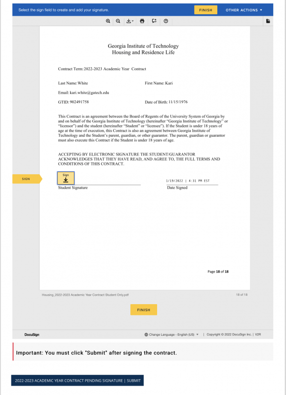 Screenshot of the Housing contract signature page.