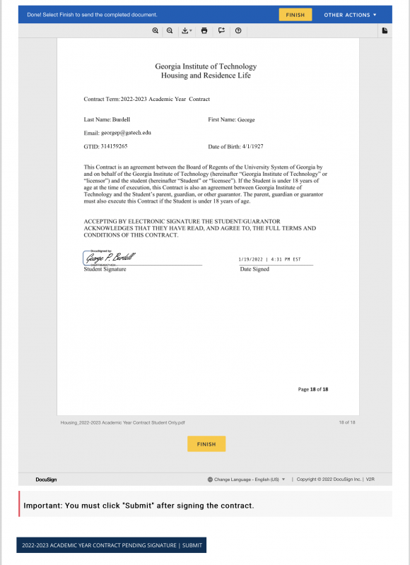 Screenshot of the Housing contract signature page signed.