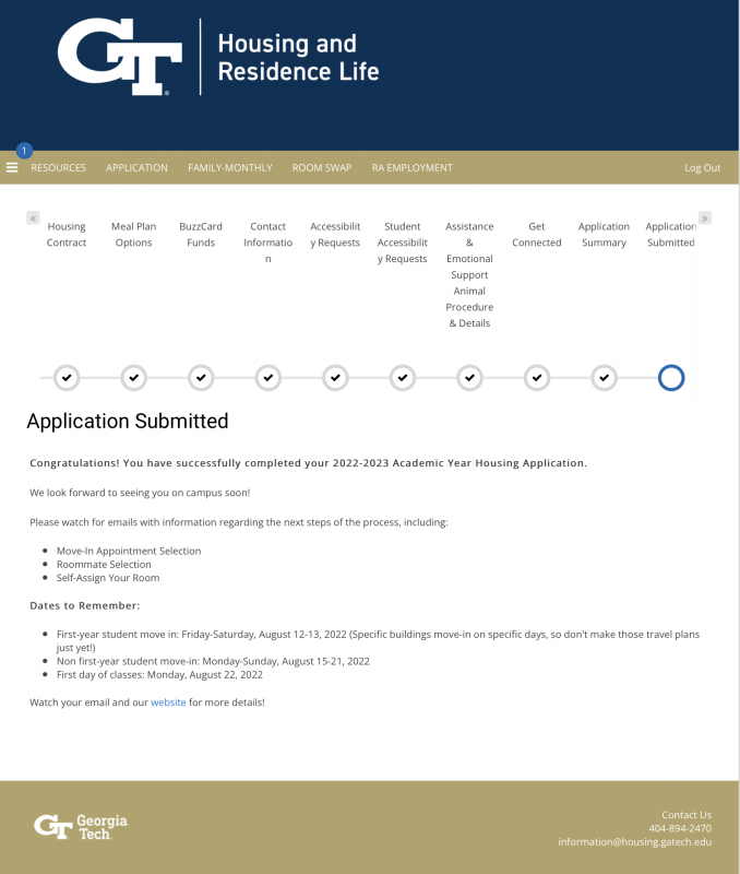 Screenshot of Application Submitted page