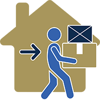Icon of a person in front of a house with boxes and an arrow pointing from left to right.