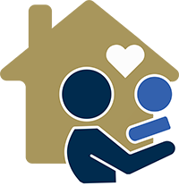 Icon of a person with a child, a heart on top of them and a house in the background.