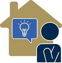 Icon of a Person in front of a house and a dialogue bubble with a light bulb.