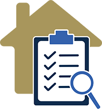 Icon of a pad with a checklist, and a magnifying glass in front of a house.