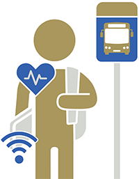 Icon of a person at a bus stop carrying a backpack and a laptop computer. The computer has a WIFI icon on top. An icon of a healthy heart is displayed on the left side of the person.