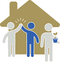 Icon of a house with two people high-fiving and one holding a pot with leaves inside a light bulb.