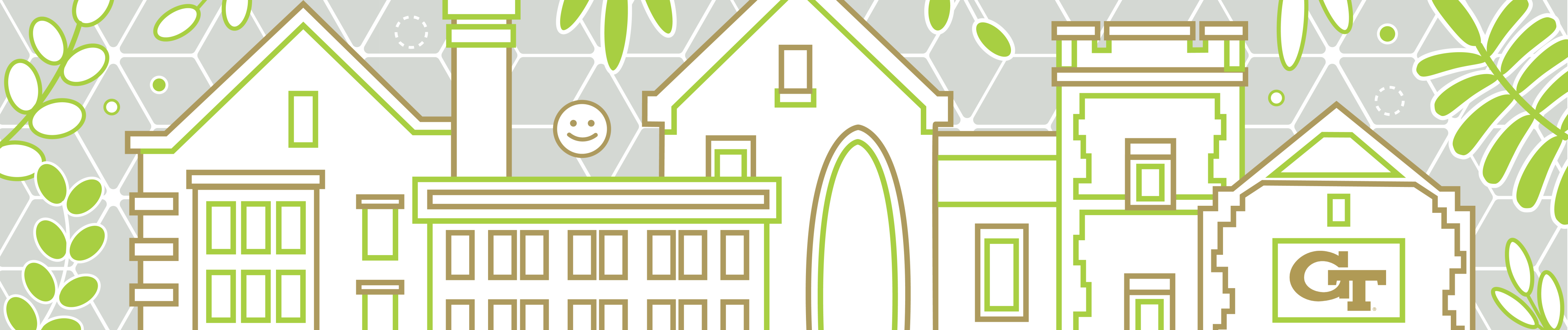 An illustration of buildings surrounded by green plants.