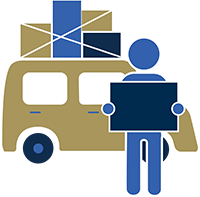 Icon of a car with boxes on top and a person holding a box.