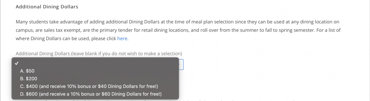 Screenshot of the Additional Dining Dollars prompt