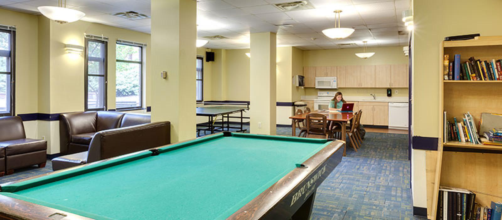 Activity room. Billiard table, chairs, table tennis table, table and chairs, kitchen in the background.