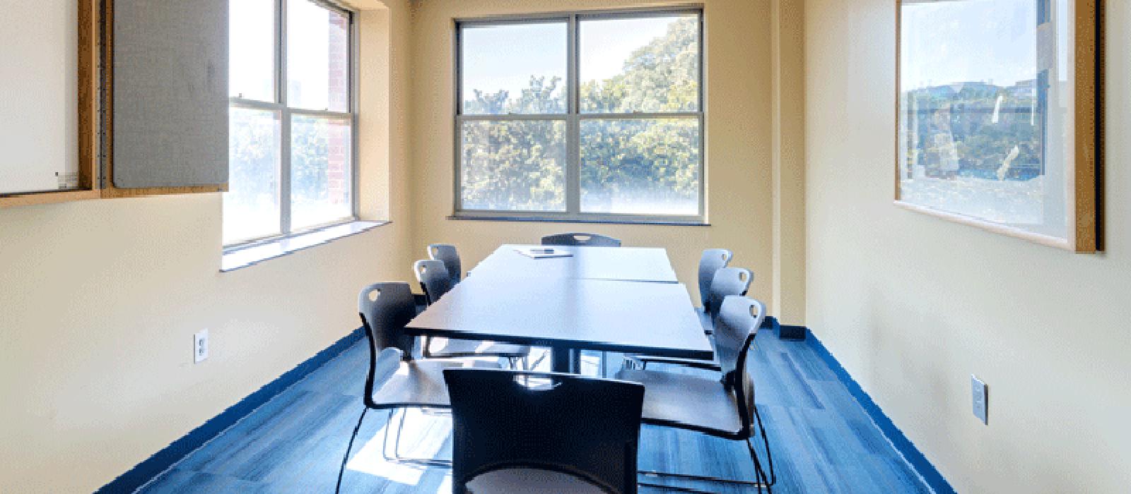 Study room. Long table with chairs. A set of big glass panel windows.