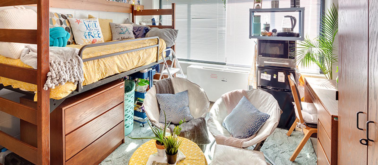 Furnished bedroom with additional student decorations such as chairs, plants and a TV.