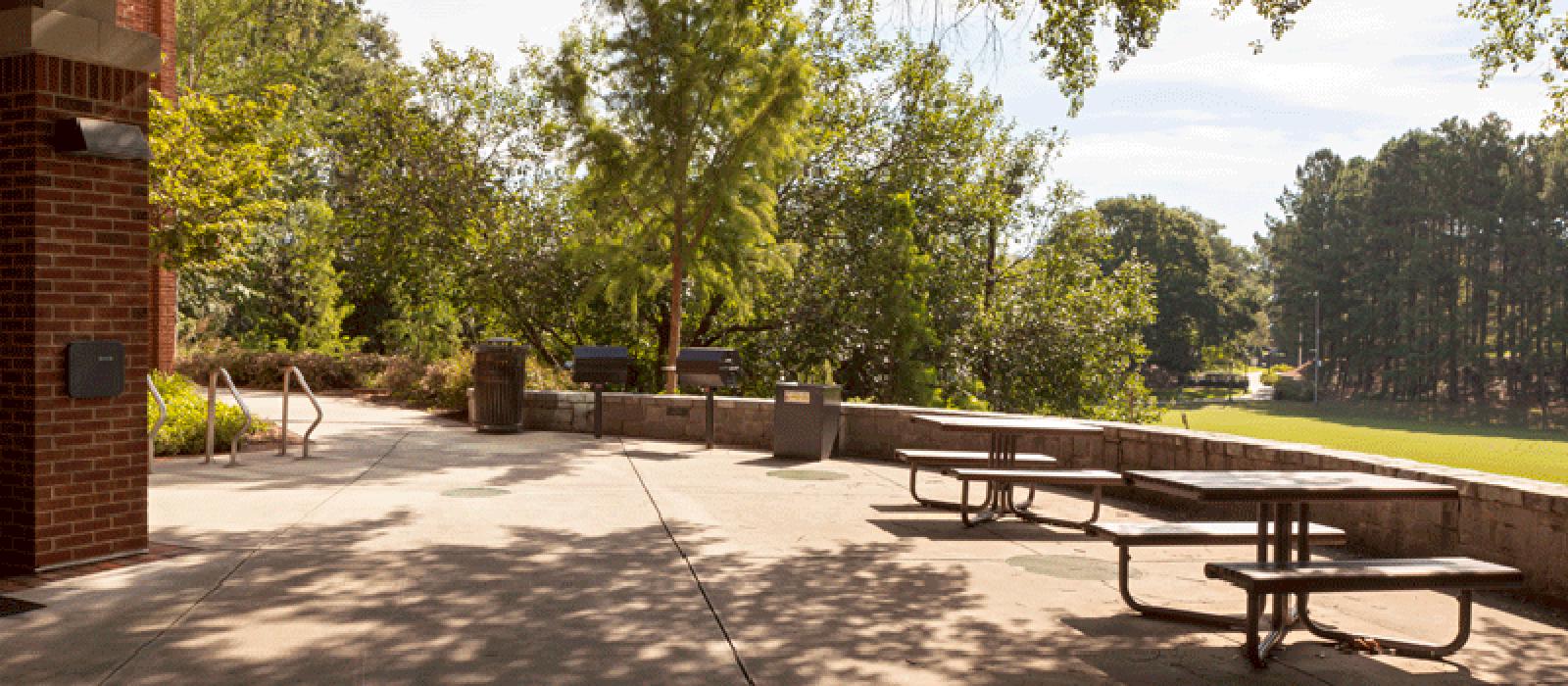 Patio area with barbeque grills, picnic tables and chairs.